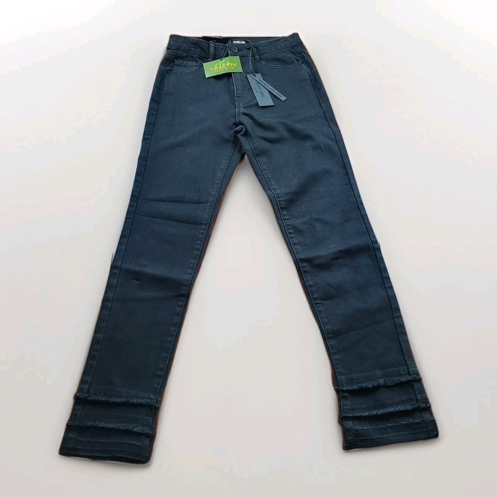 Black Label High Waist Ankle Skinny Jeans Stretch Waist Frayed Tiered Ankle Hem